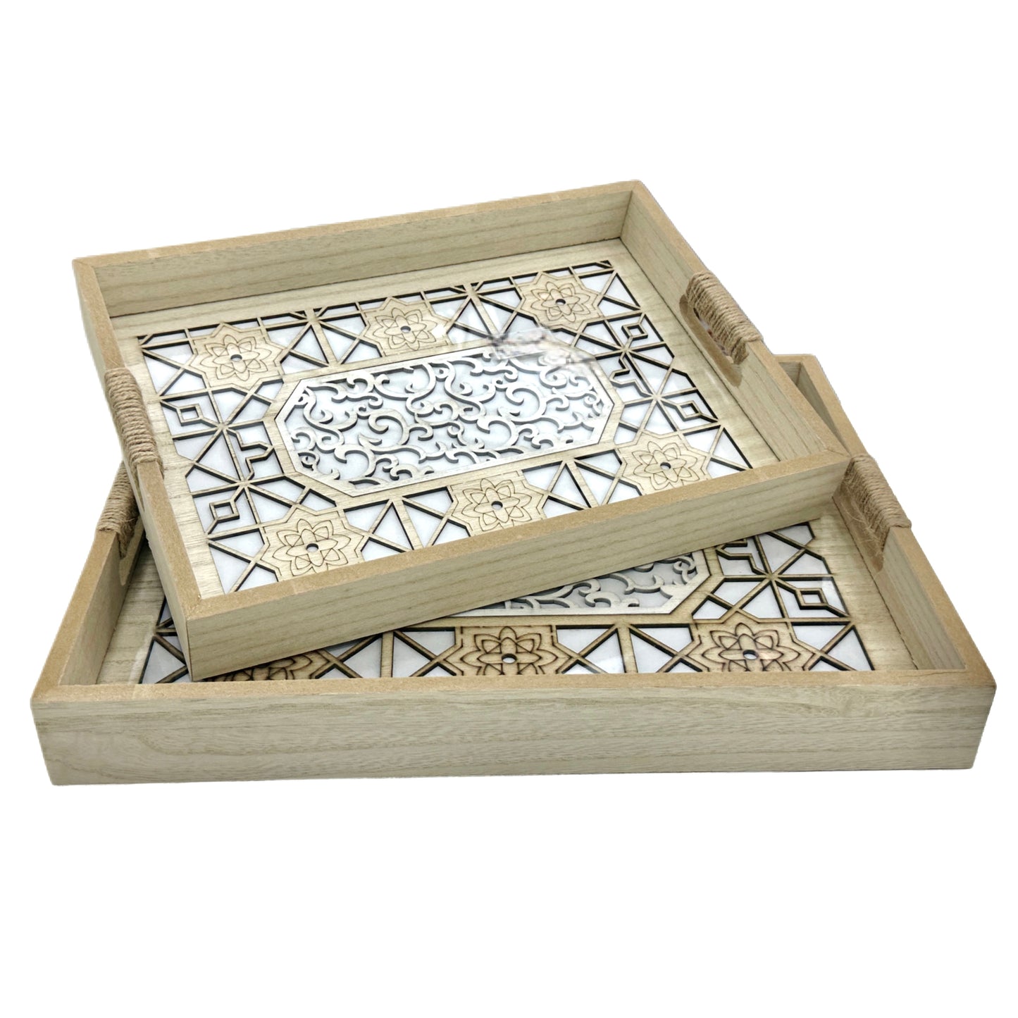 Série de 2 Plateaux Rectangulaires en Bois & Verre