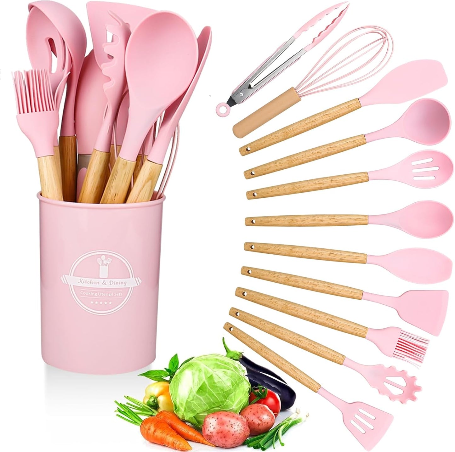 Ustensiles de Cuisine 12 pièces en Silicone avec manche en Bois Résistants à la chaleur