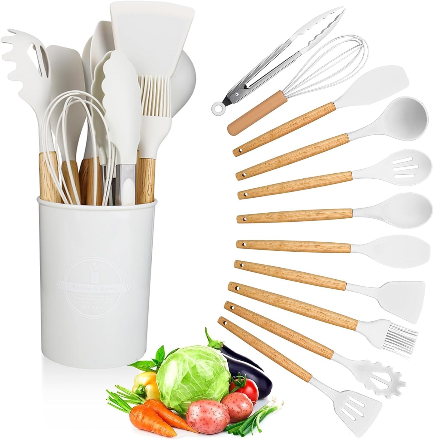 Ustensiles de Cuisine 12 pièces en Silicone avec manche en Bois Résistants à la chaleur