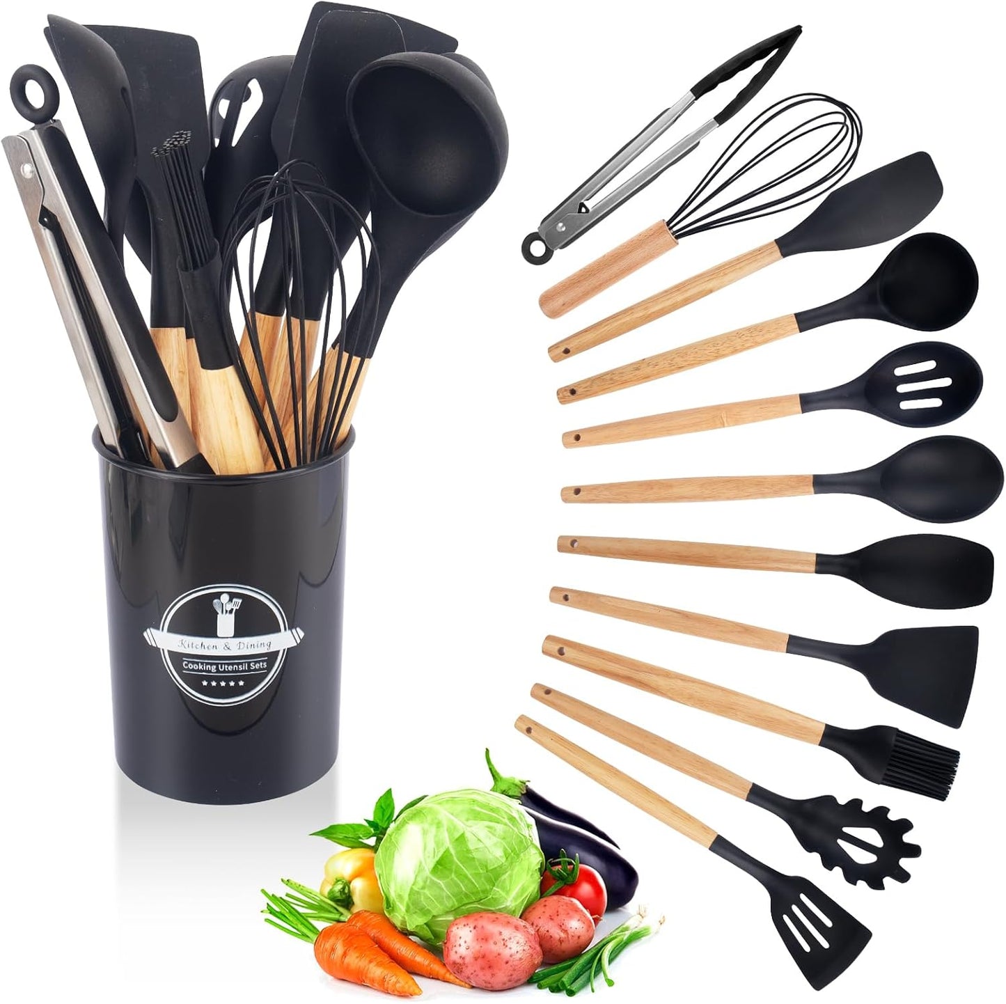 Ustensiles de Cuisine 12 pièces en Silicone avec manche en Bois Résistants à la chaleur