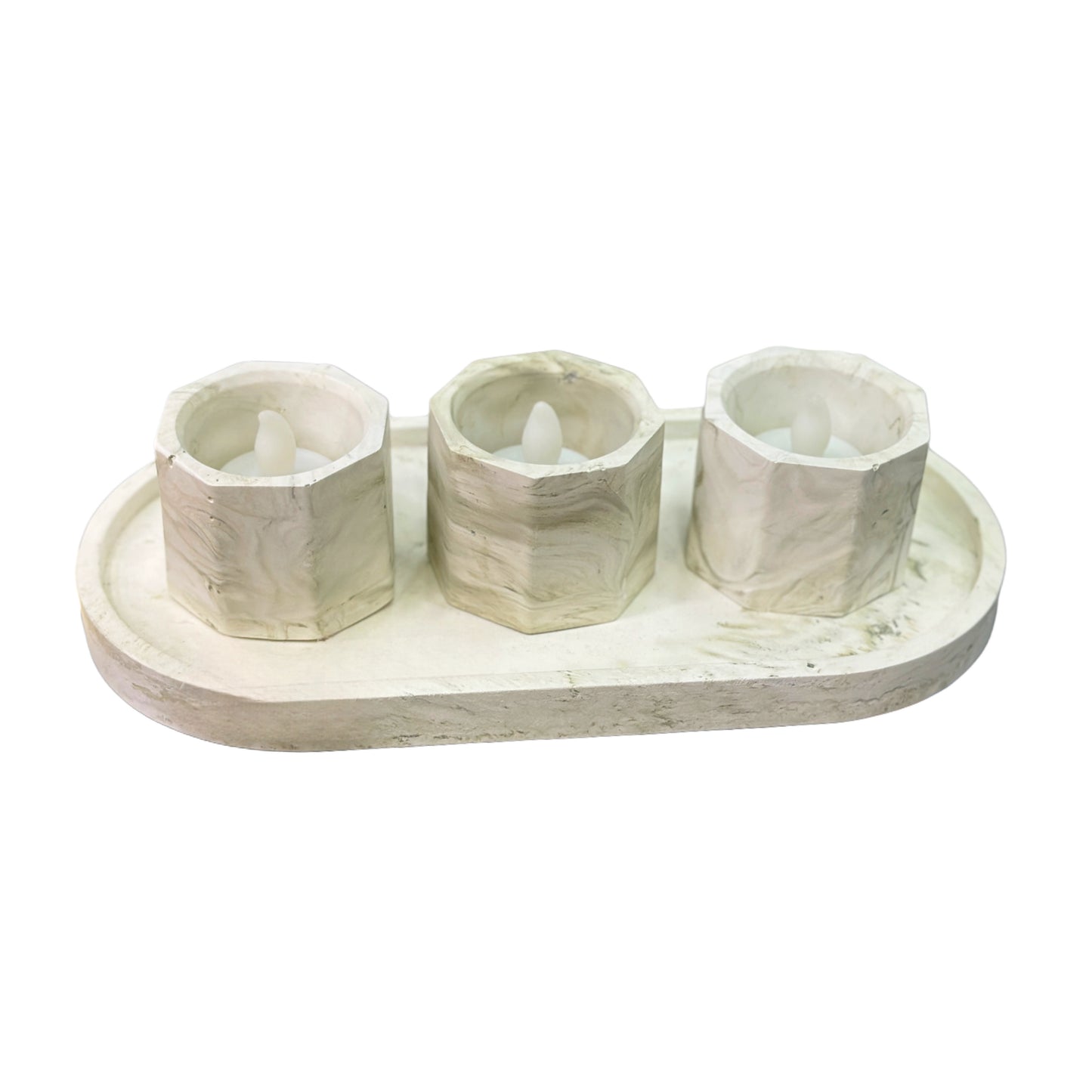 Lot de 3 Porte-Bougies Marbré avec Support