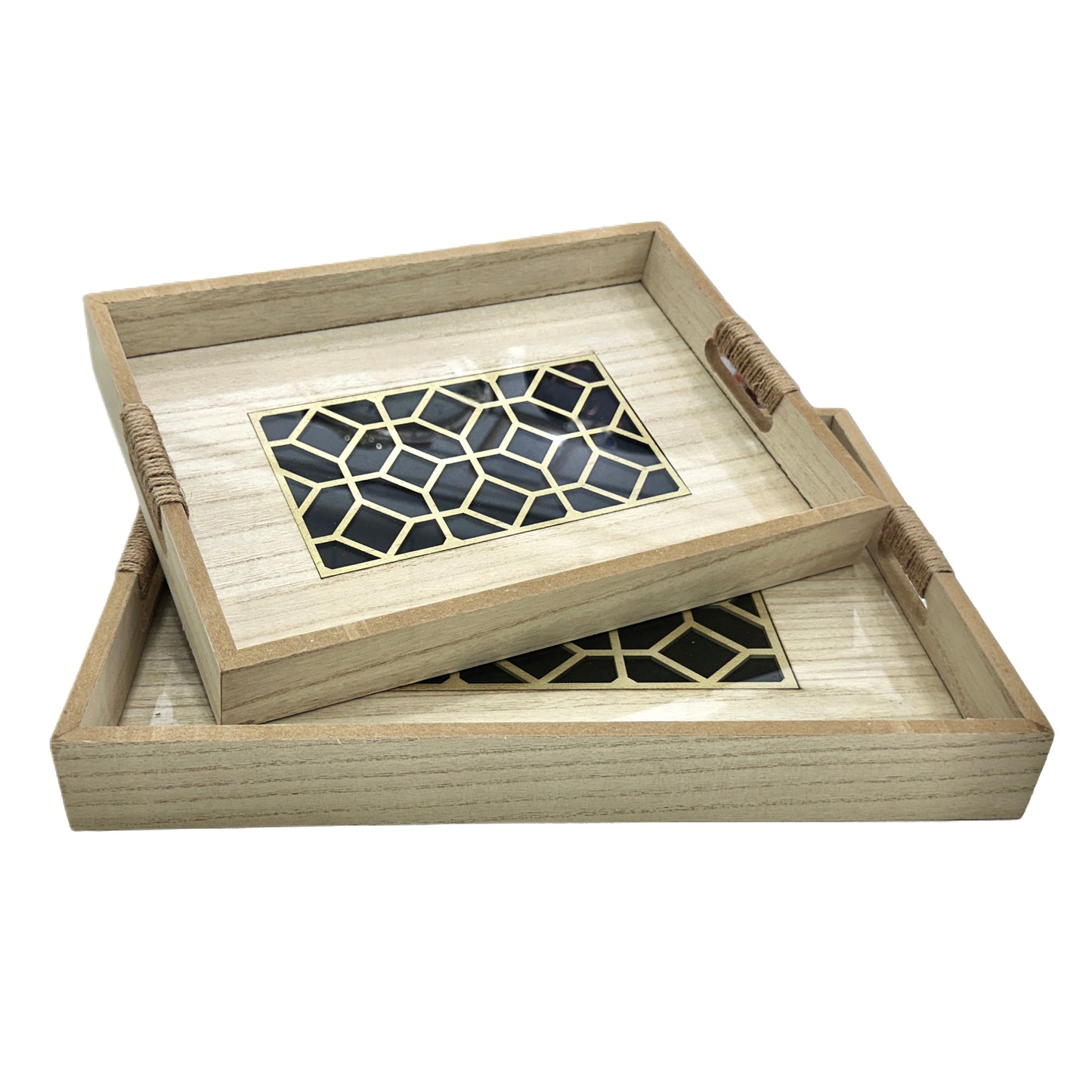 Série de 2 Plateaux Rectangulaires en Bois & Verre