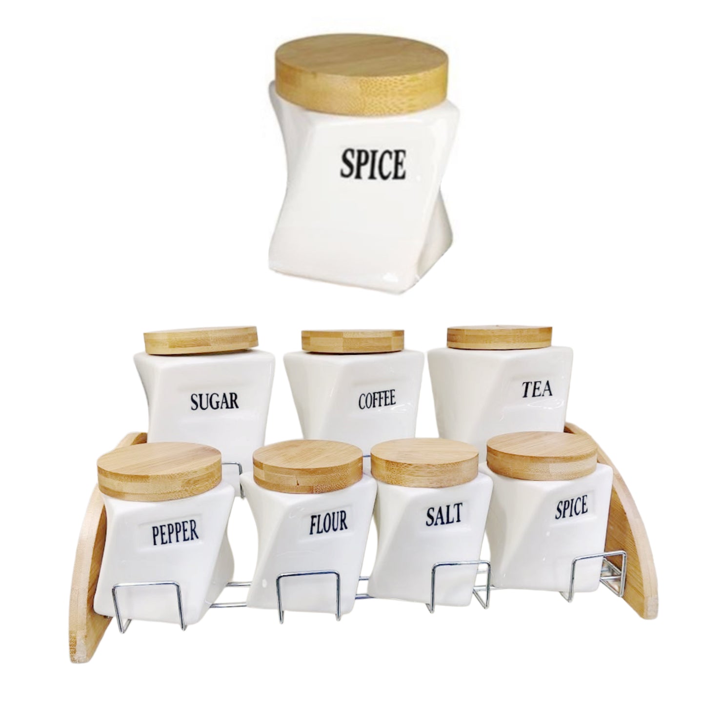 Série Boîtes à Épices en Porcelaine & Bois 8 Pièces