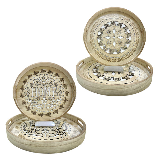 Série de 2 Plateaux Ronds en Bois & Verre