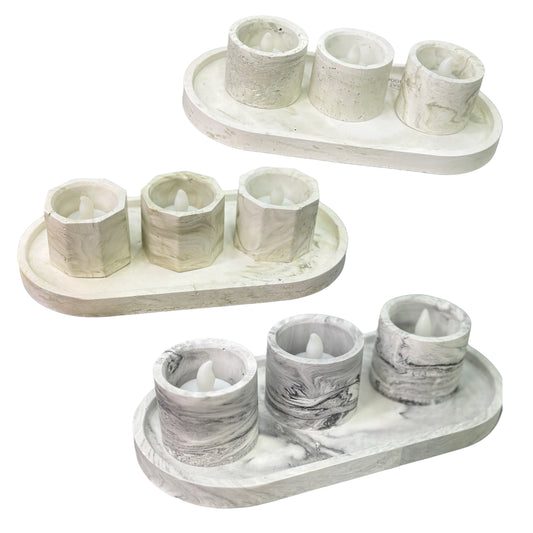Lot de 3 Porte-Bougies Marbré avec Support