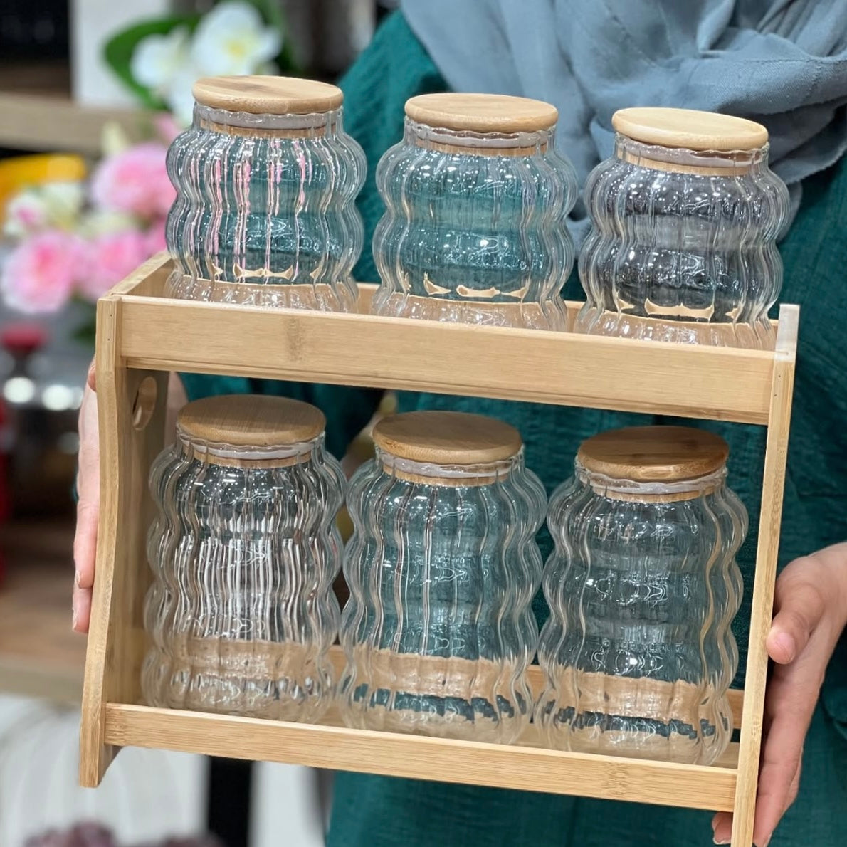 Série Boîtes à Épices en Verre & Bois 7 Pièces