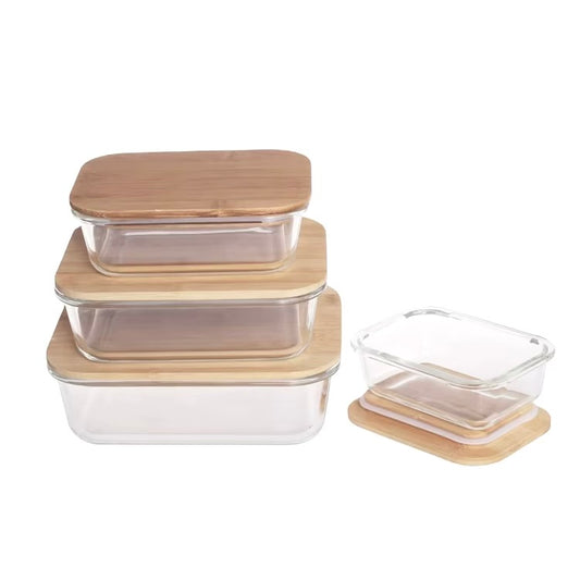 Lot de 4 Boîtes de Conservation en Verre avec Couvercle en Bois