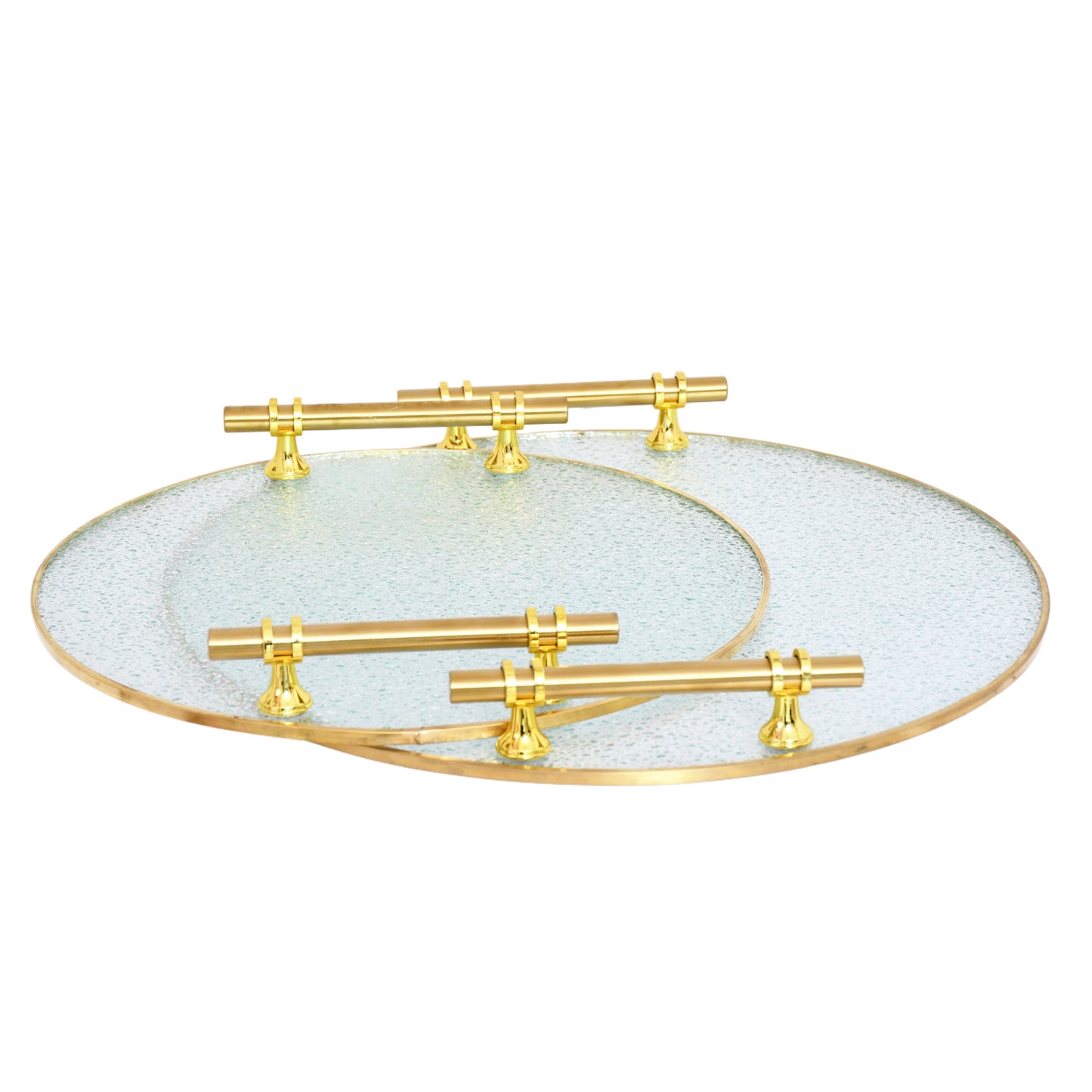 Série de 2 Plateaux Circulaires en Verre + Poignées en Métal Dorée