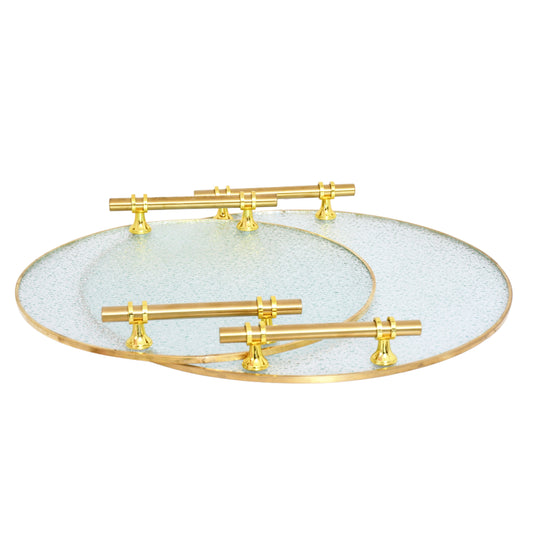 Série de 2 Plateaux Circulaires en Verre + Poignées en Métal Dorée