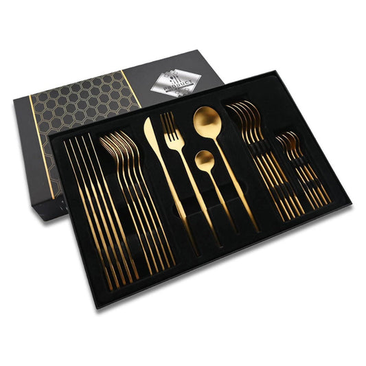 Coffret Ménagère 24 Pièces En Acier Inoxydable Doré