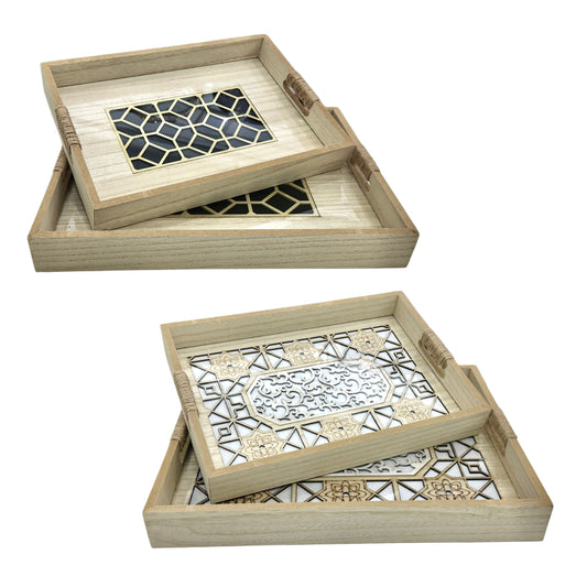 Série de 2 Plateaux Rectangulaires en Bois & Verre
