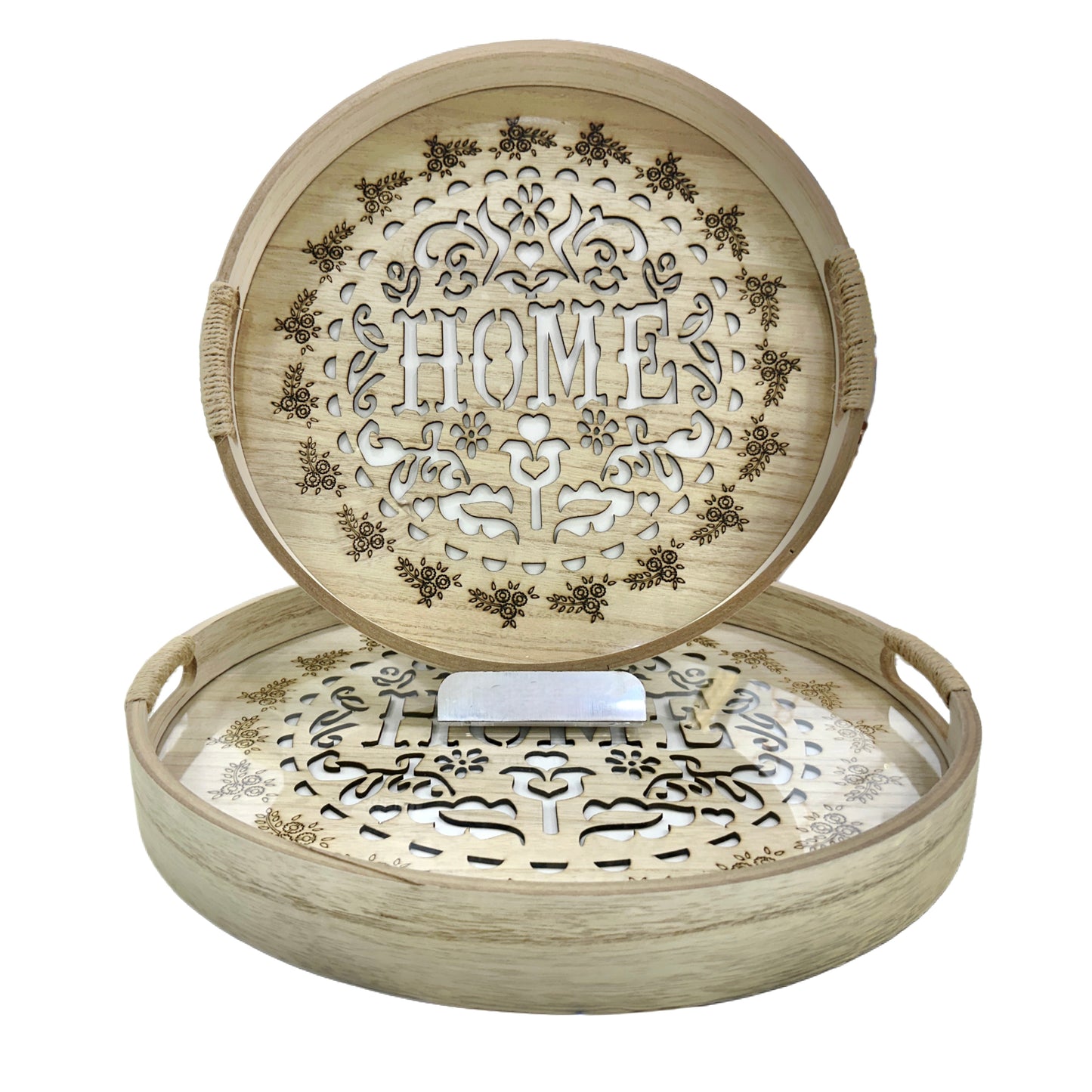 Série de 2 Plateaux Ronds en Bois & Verre