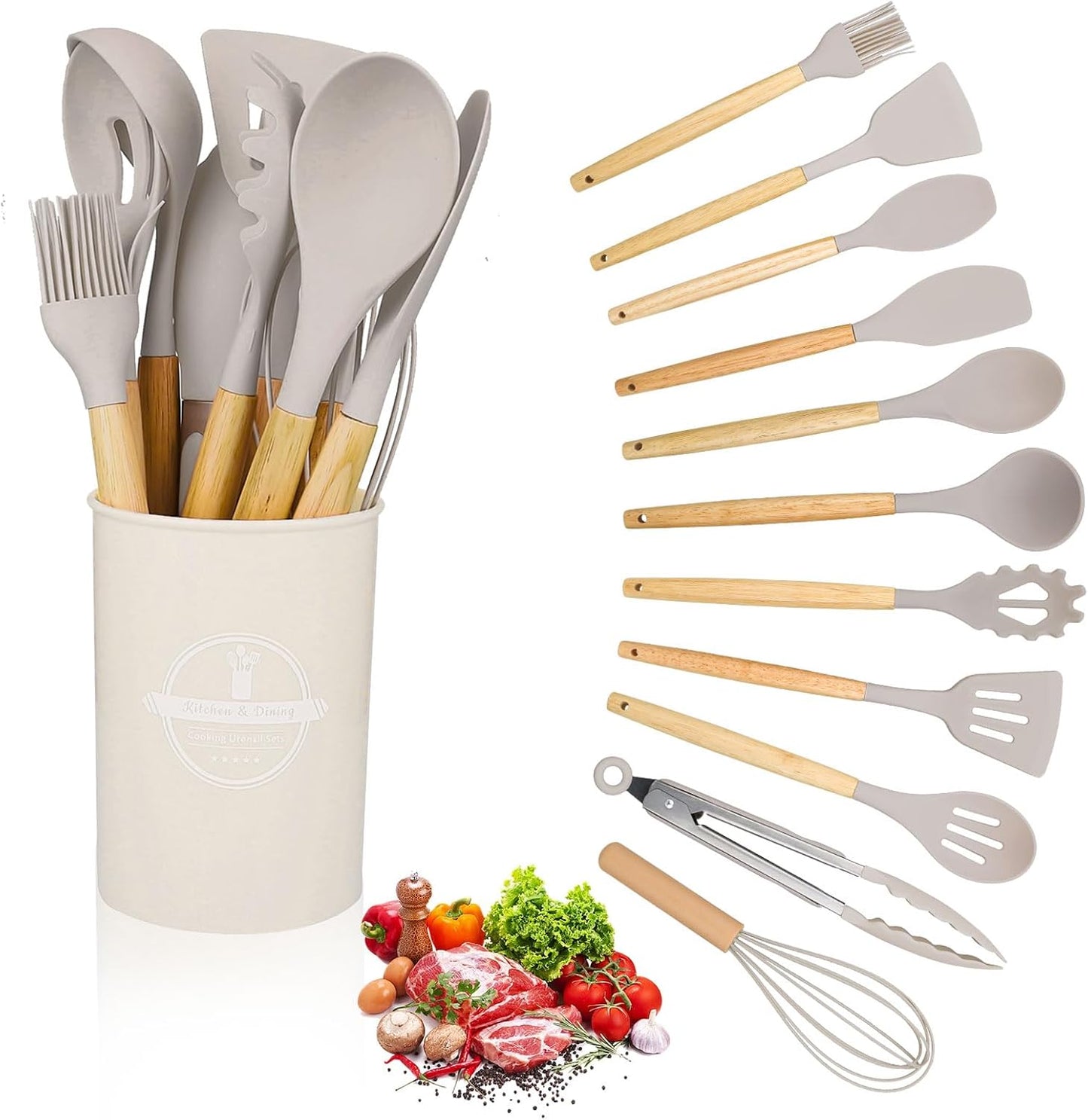 Ustensiles de Cuisine 12 pièces en Silicone avec manche en Bois Résistants à la chaleur