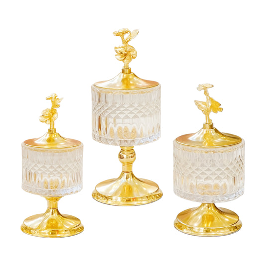 Série de 3 Bonbonnières en Verre Dorées