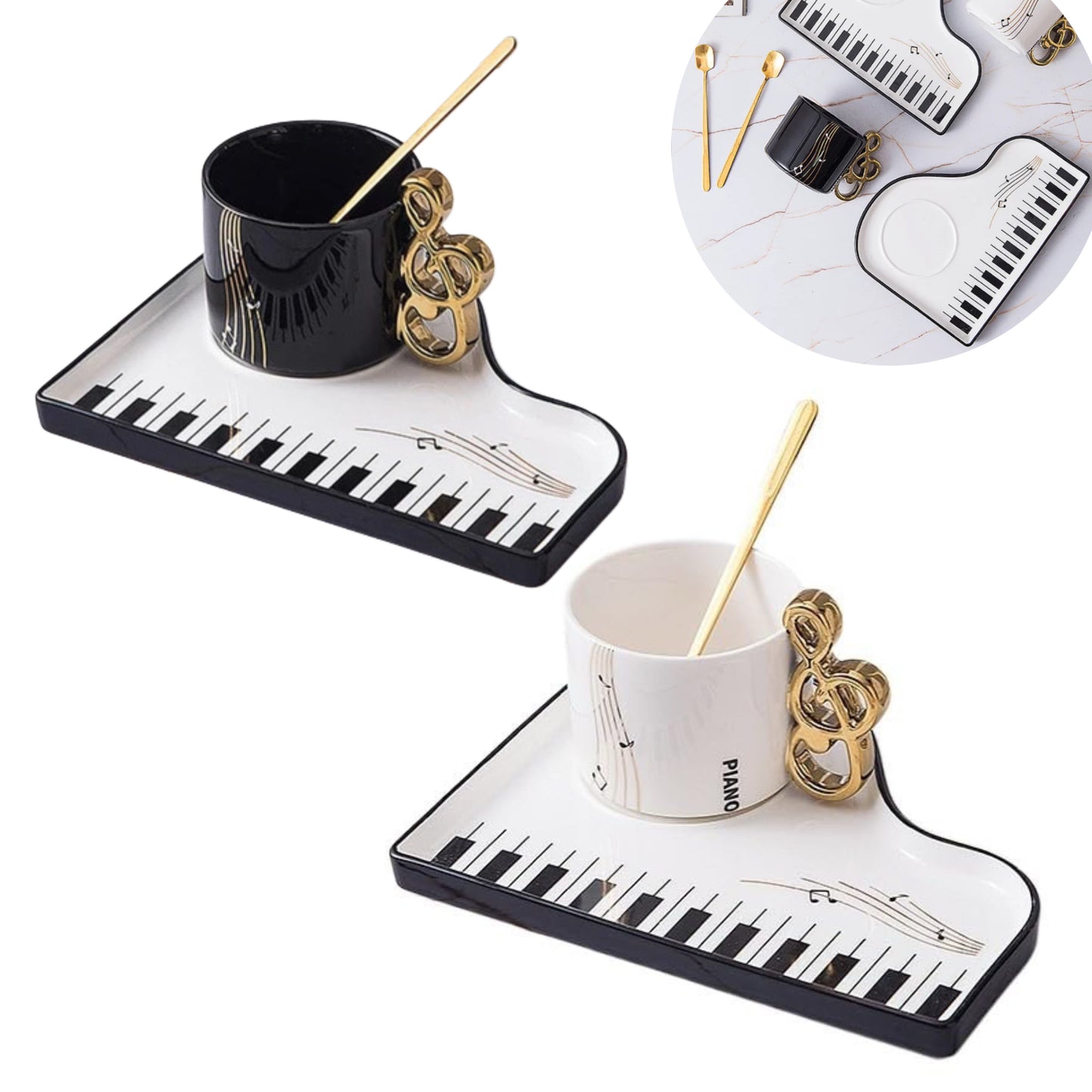 Tasse à Café Dorée avec Sous-Tasse en forme de Piano