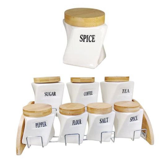 Série Boîtes à Épices en Porcelaine & Bois 8 Pièces