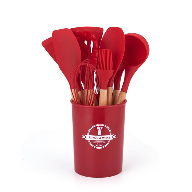 Ustensiles de Cuisine 12 pièces en Silicone avec manche en Bois Résistants à la chaleur