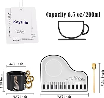 Tasse à Café Dorée avec Sous-Tasse en forme de Piano