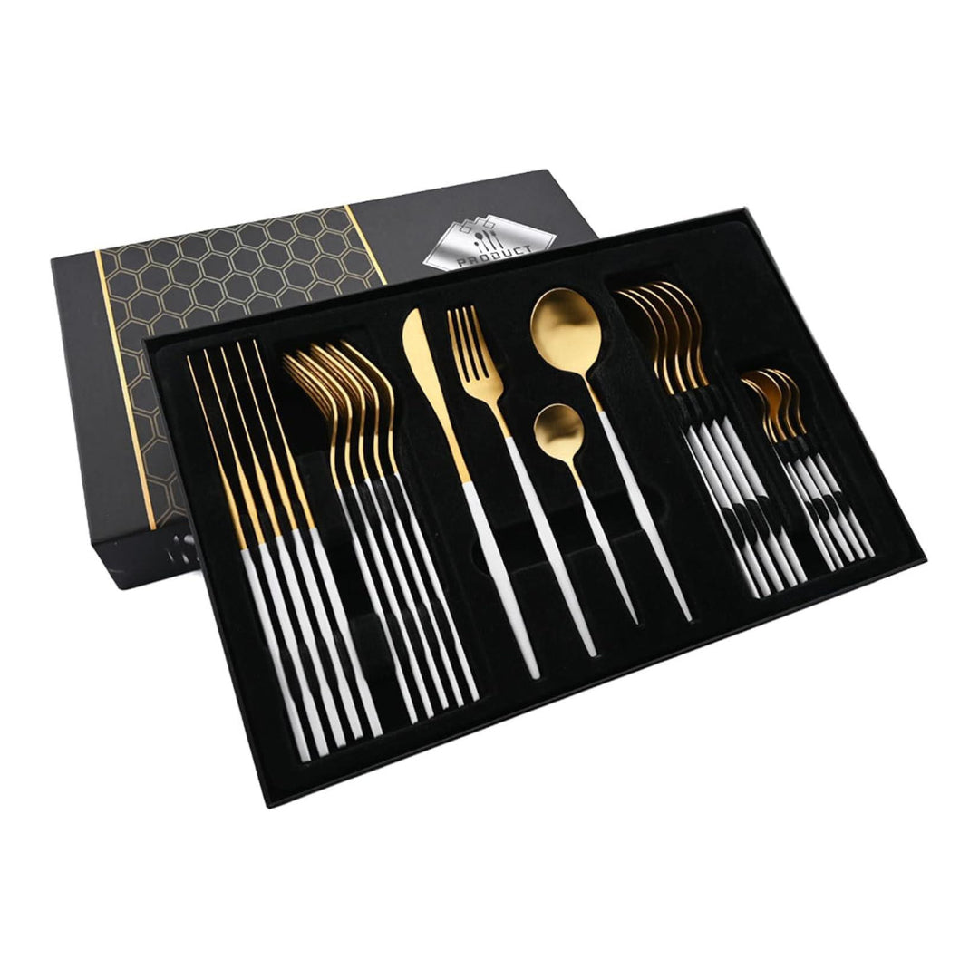 Coffret Ménagère 24 Pièces En Acier Inoxydable Doré