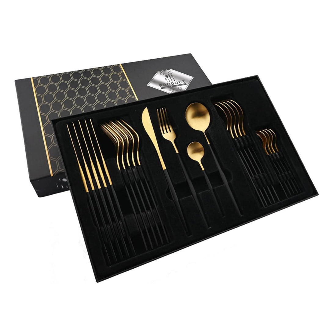 Coffret Ménagère 24 Pièces En Acier Inoxydable Doré